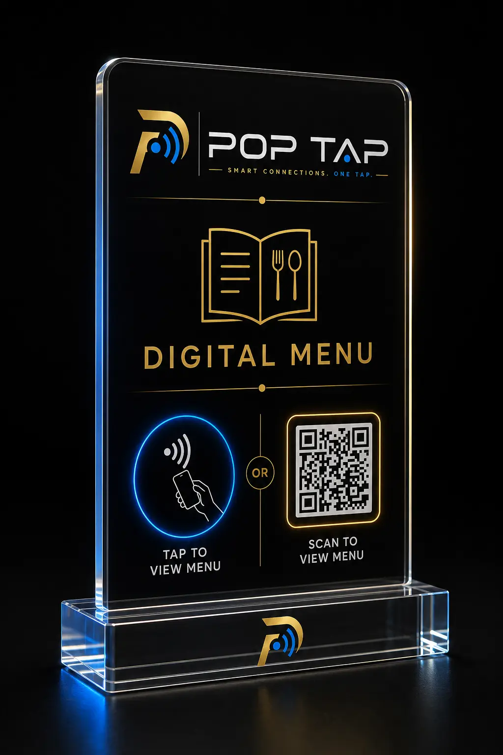 Clear acrylic POP TAP digital menu NFC standee with tap and scan-to-view options