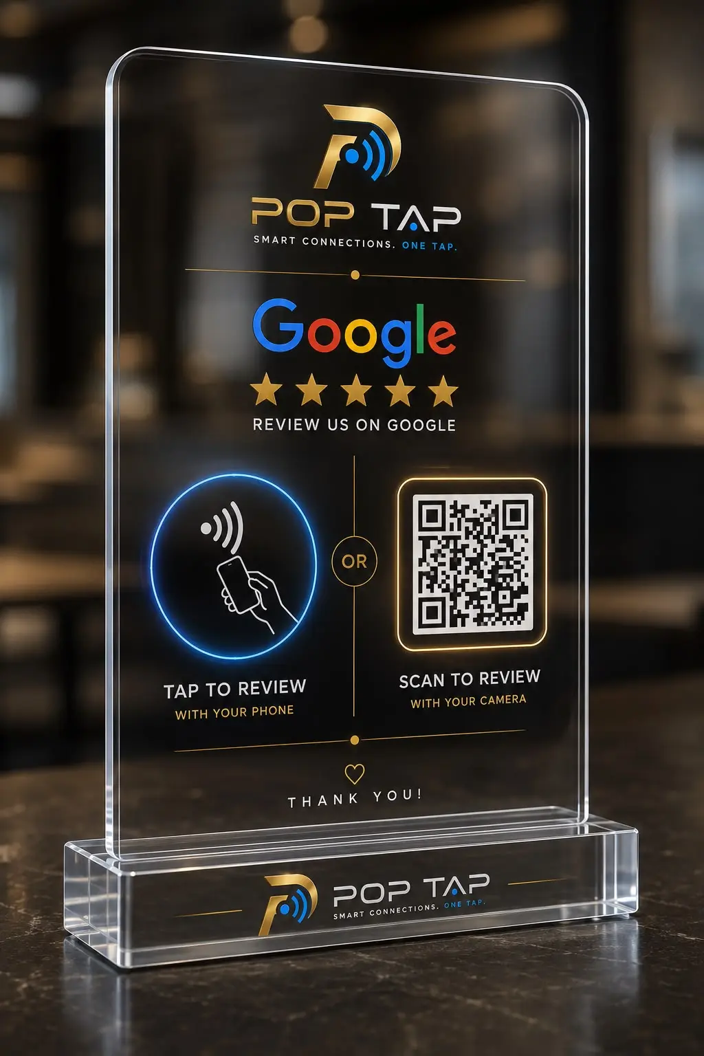 Clear POP TAP Google Review NFC standee on a premium counter