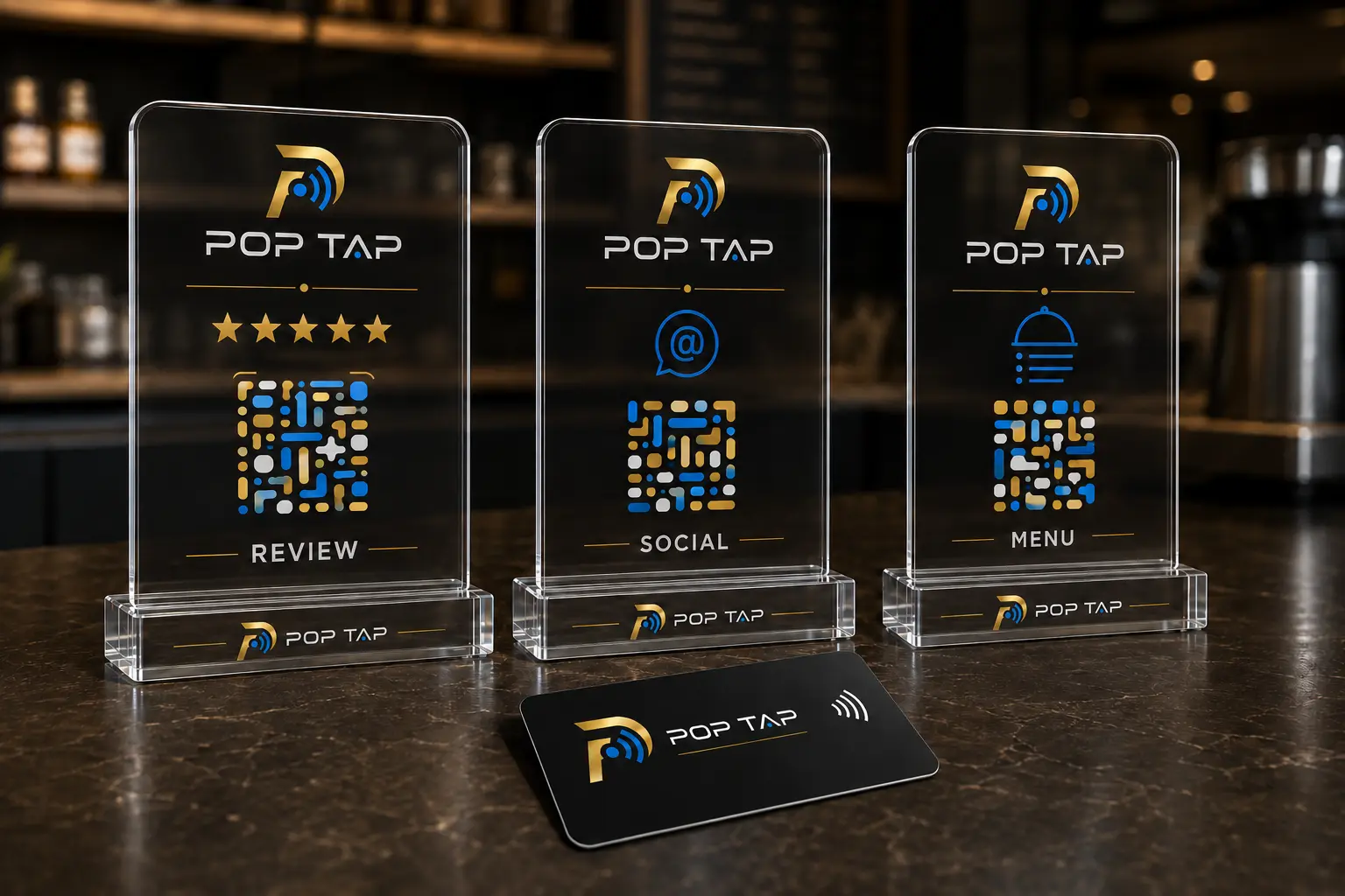 POP TAP NFC card with review, social and menu standees on a premium counter