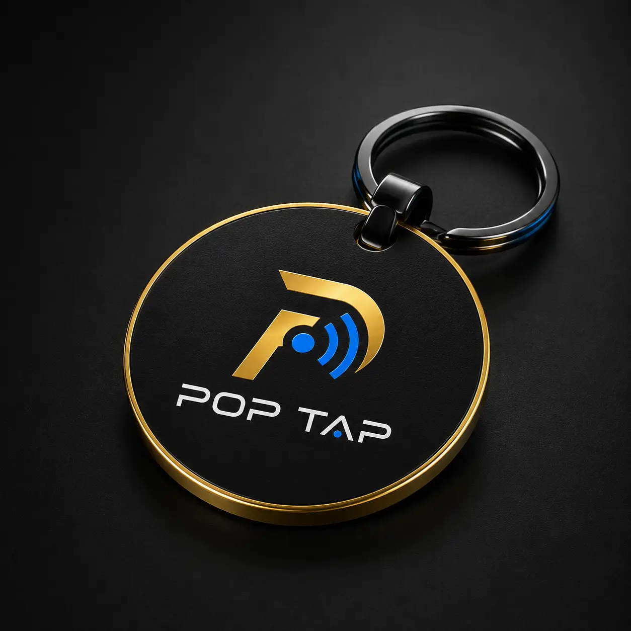 Round matte-black POP TAP NFC keychain with gold rim
