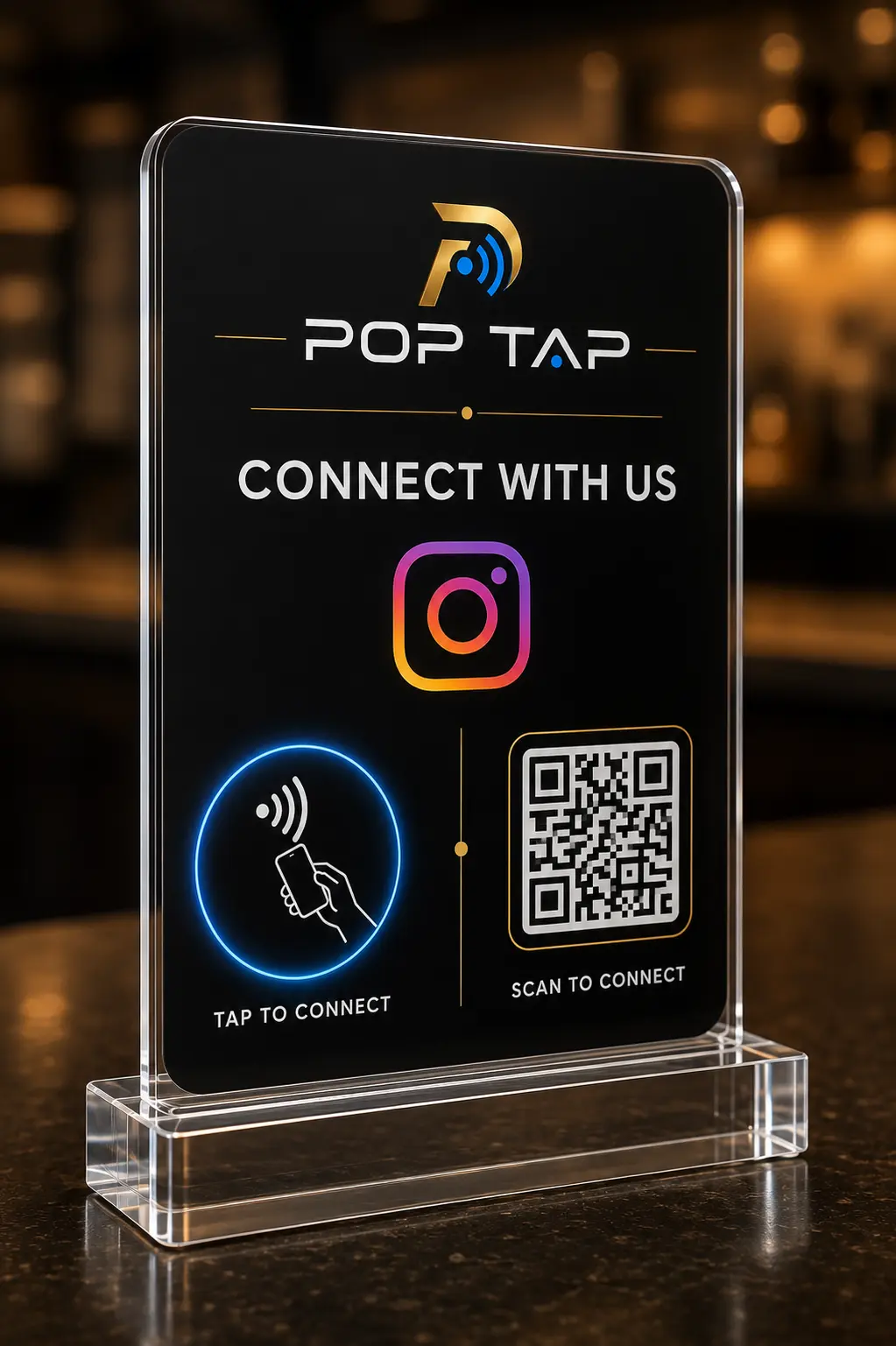 Clear POP TAP Social Connect NFC standee with Instagram tap and scan options