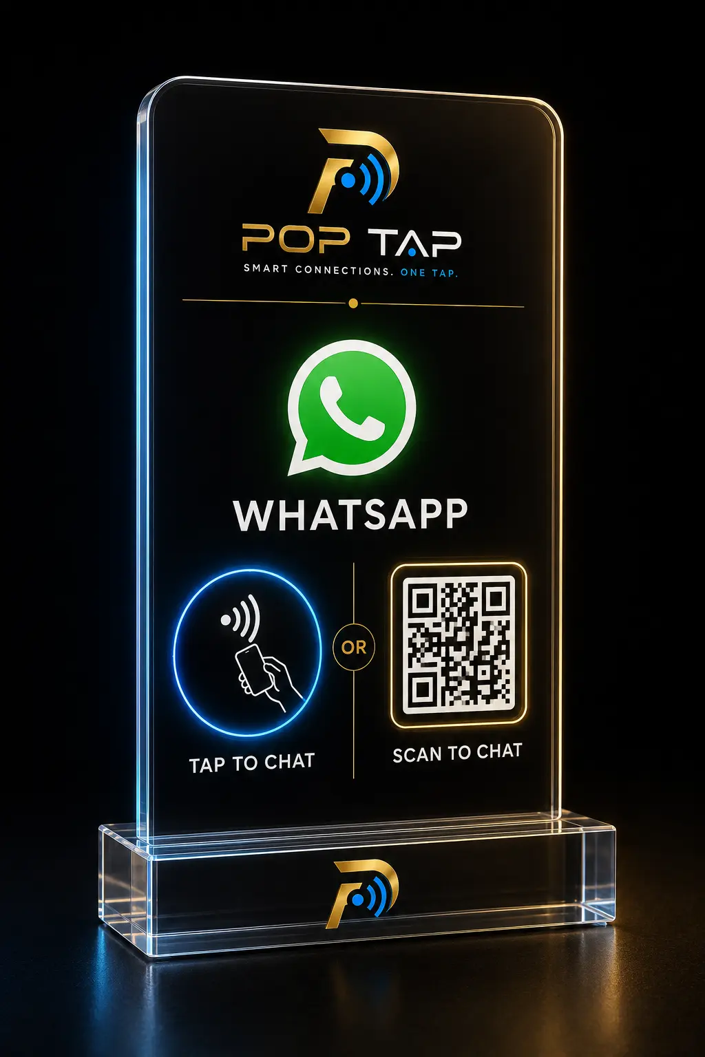 Clear acrylic POP TAP WhatsApp NFC standee with tap and scan-to-chat options